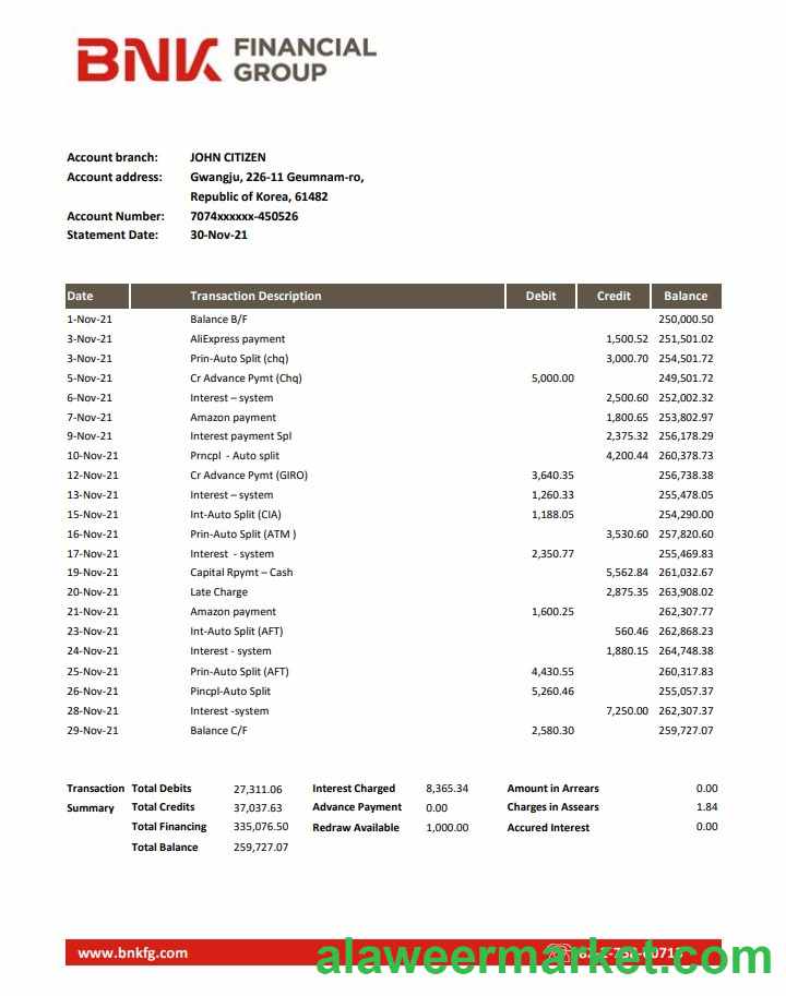 South Korea BNK bank statement easy to fill template in Excel and PDF format